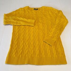 Lands End Drifter Cable Knit Sweater Womens Medium Tall Yellow 100% Cotton Crew